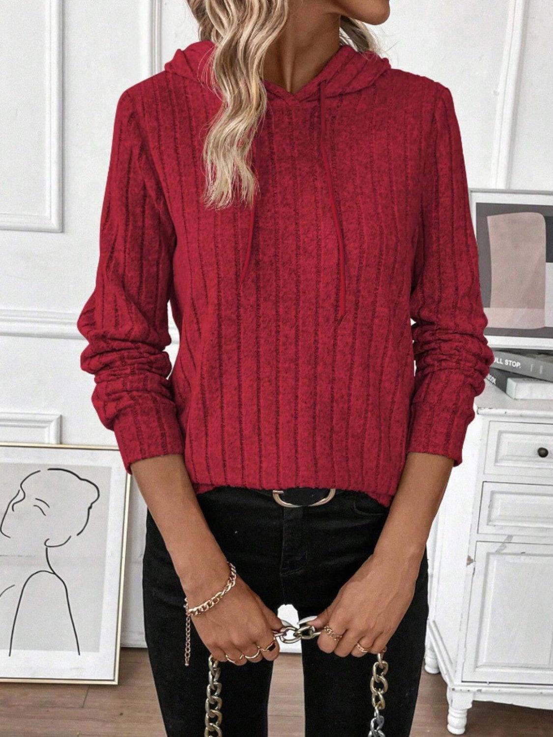 Drawstring Ribbed Long Sleeve Hoodie - Clothes For Her Online Store