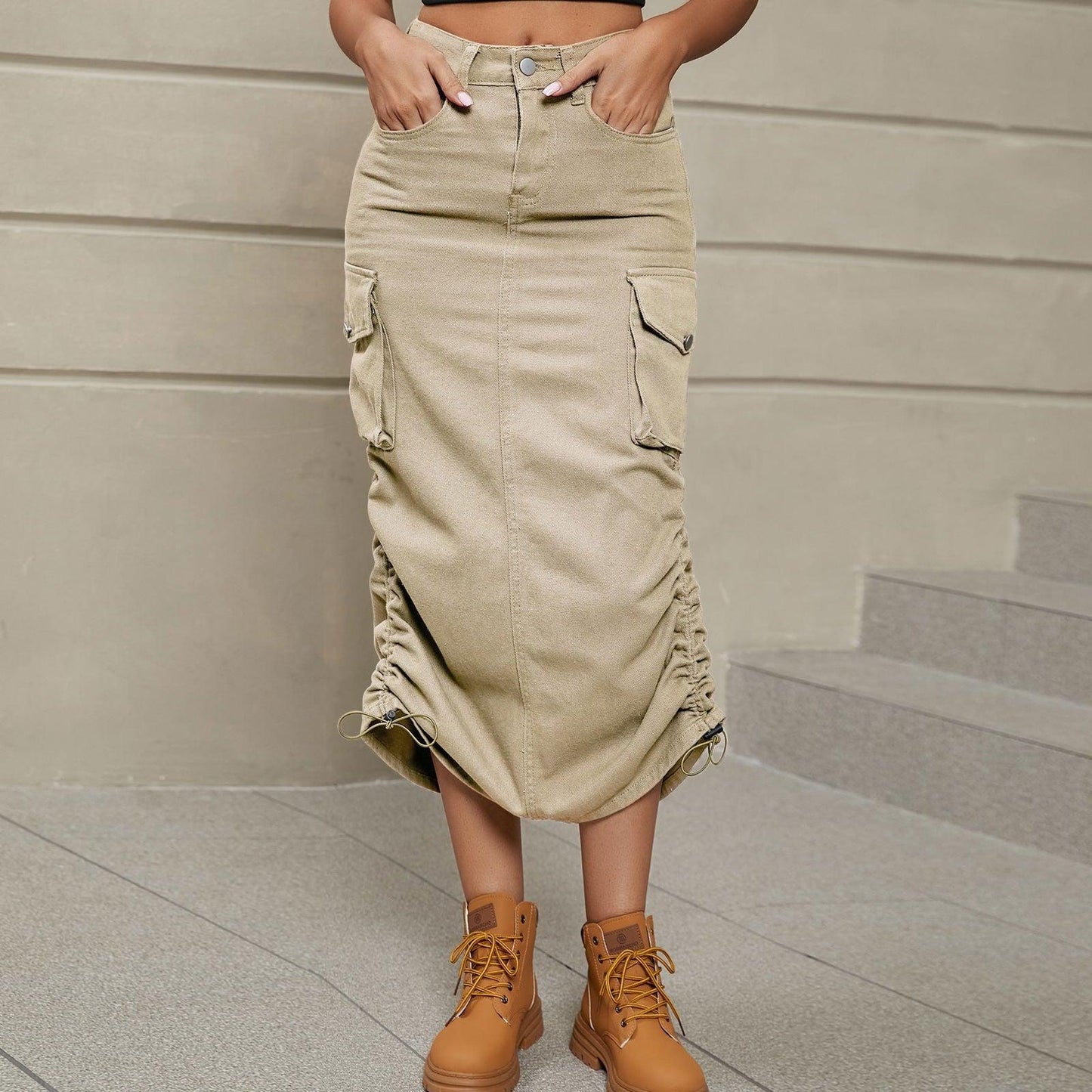 Drawstring Ruched Slit Denim Midi Skirt - Clothes For Her Online Store