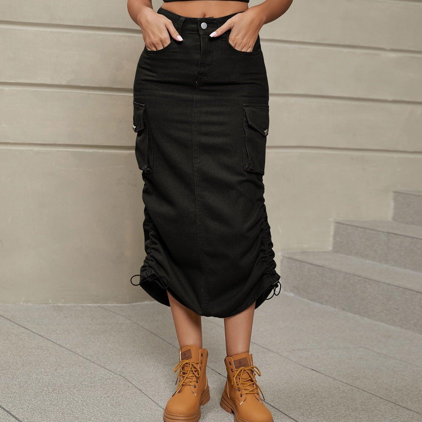 Drawstring Ruched Slit Denim Midi Skirt - Clothes For Her Online Store
