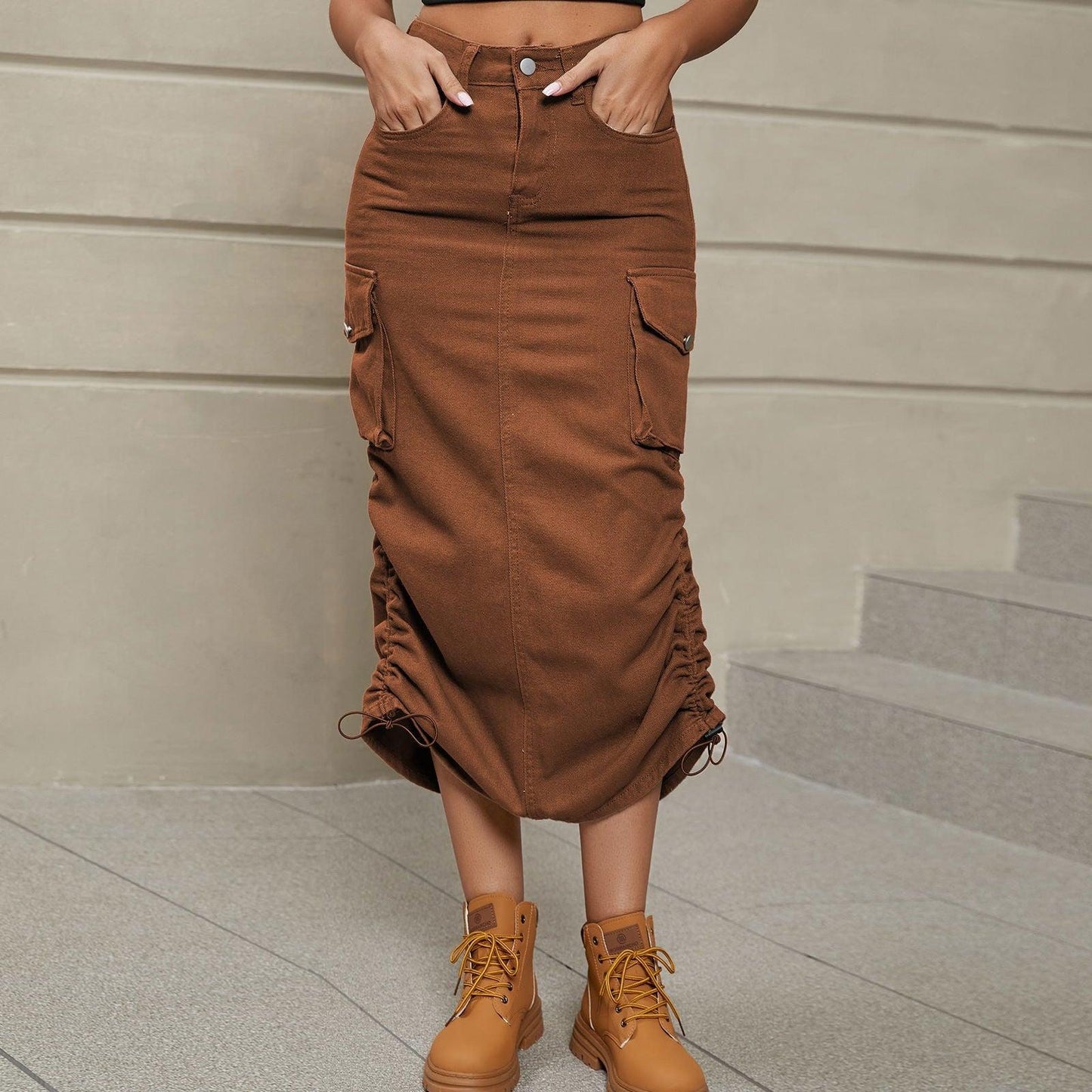 Drawstring Ruched Slit Denim Midi Skirt - Clothes For Her Online Store