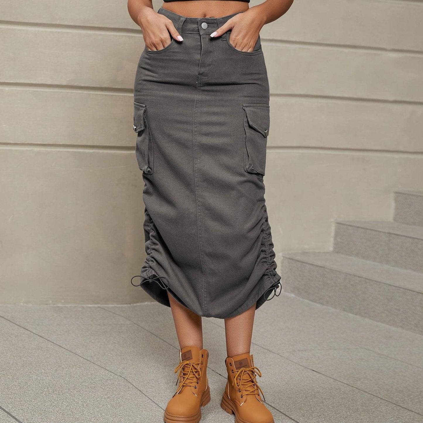 Drawstring Ruched Slit Denim Midi Skirt - Clothes For Her Online Store