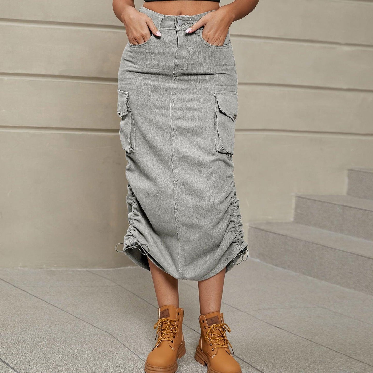 Drawstring Ruched Slit Denim Midi Skirt - Clothes For Her Online Store