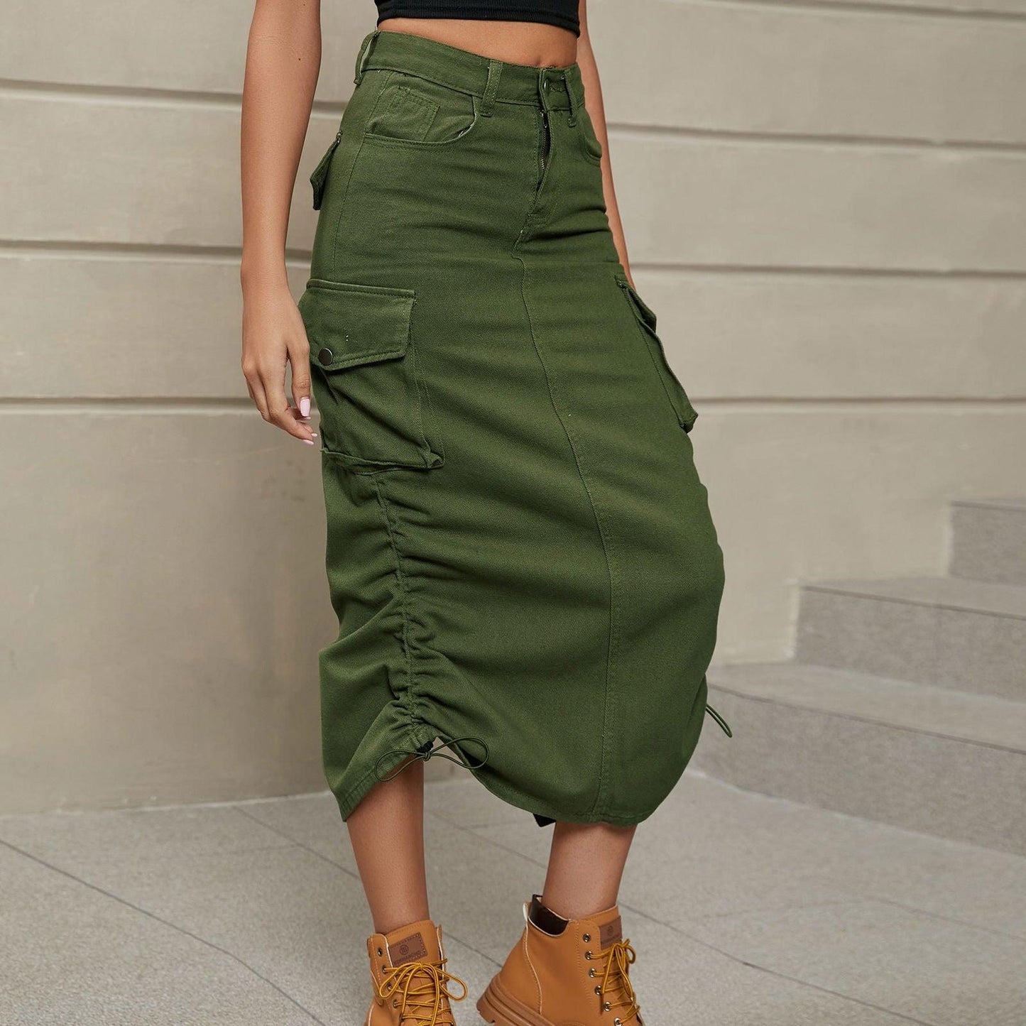 Drawstring Ruched Slit Denim Midi Skirt - Clothes For Her Online Store