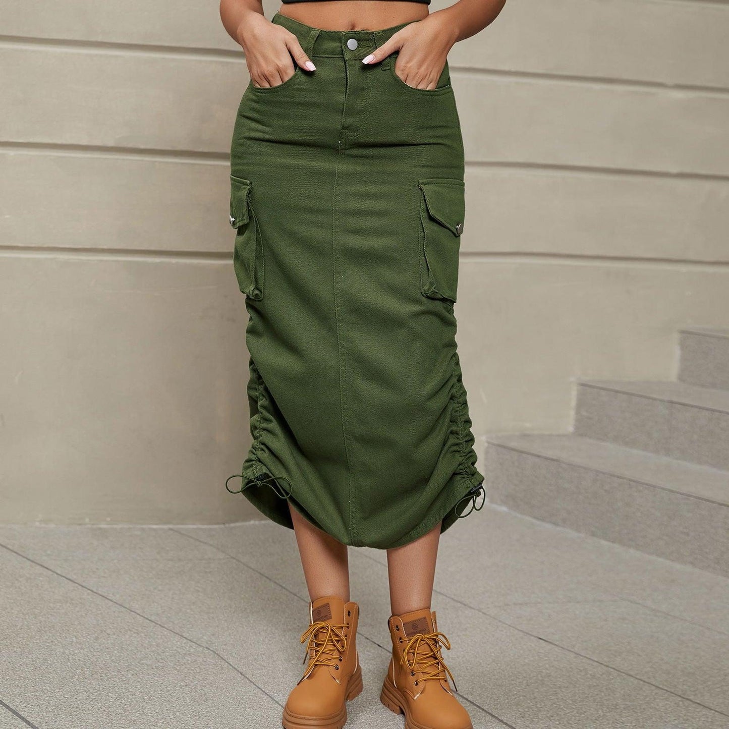 Drawstring Ruched Slit Denim Midi Skirt - Clothes For Her Online Store