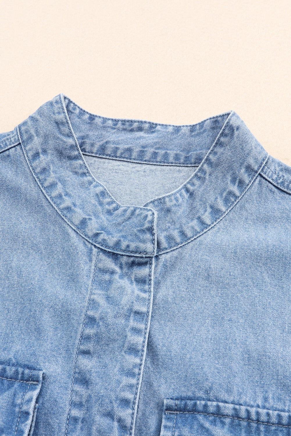 Drawstring Snap Down Denim Jacket with Chest Pockets - Clothes For Her Online Store