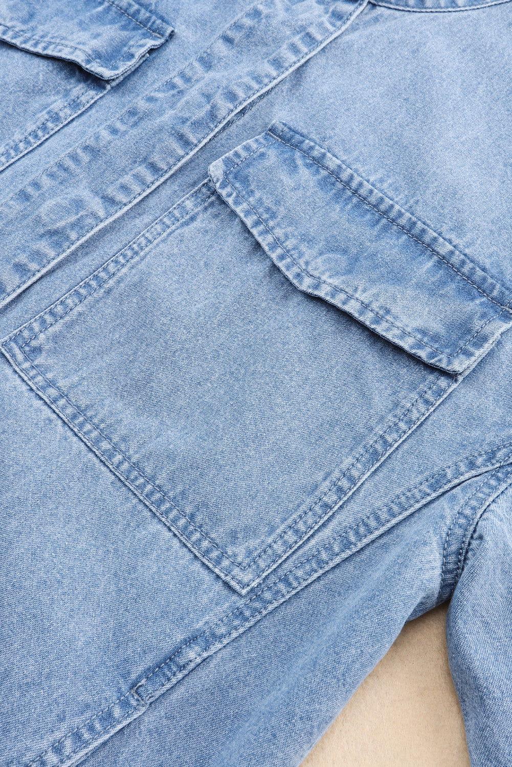 Drawstring Snap Down Denim Jacket with Chest Pockets - Clothes For Her Online Store