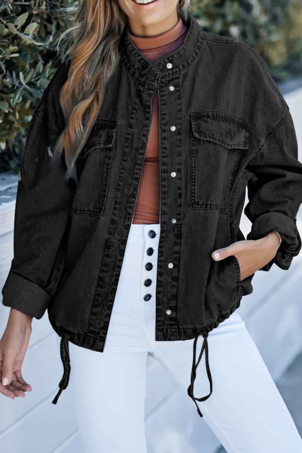 Drawstring Snap Down Denim Jacket with Chest Pockets - Clothes For Her Online Store