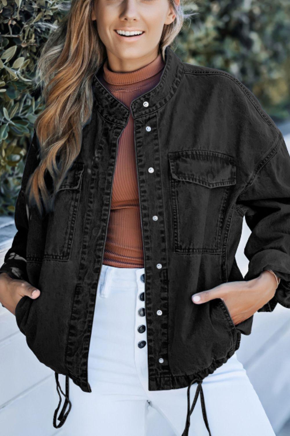 Drawstring Snap Down Denim Jacket with Chest Pockets - Clothes For Her Online Store
