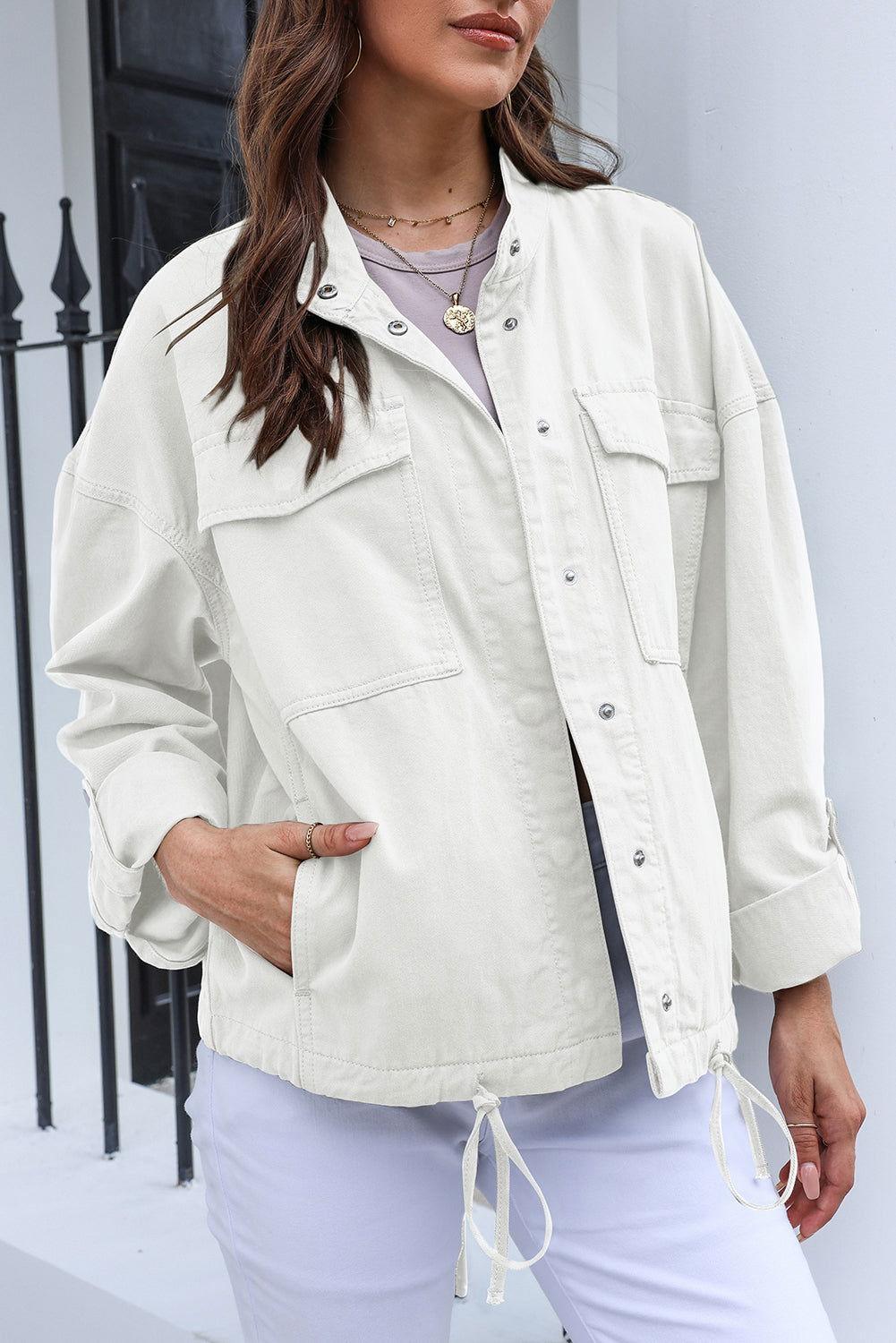 Drawstring Snap Down Dropped Shoulder Denim Jacket - Clothes For Her Online Store
