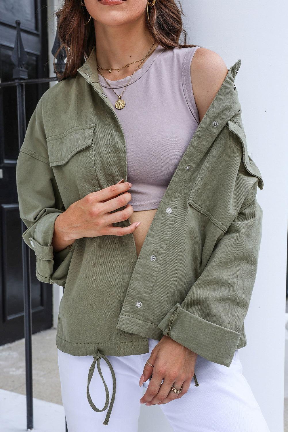 Drawstring Snap Down Dropped Shoulder Denim Jacket - Clothes For Her Online Store