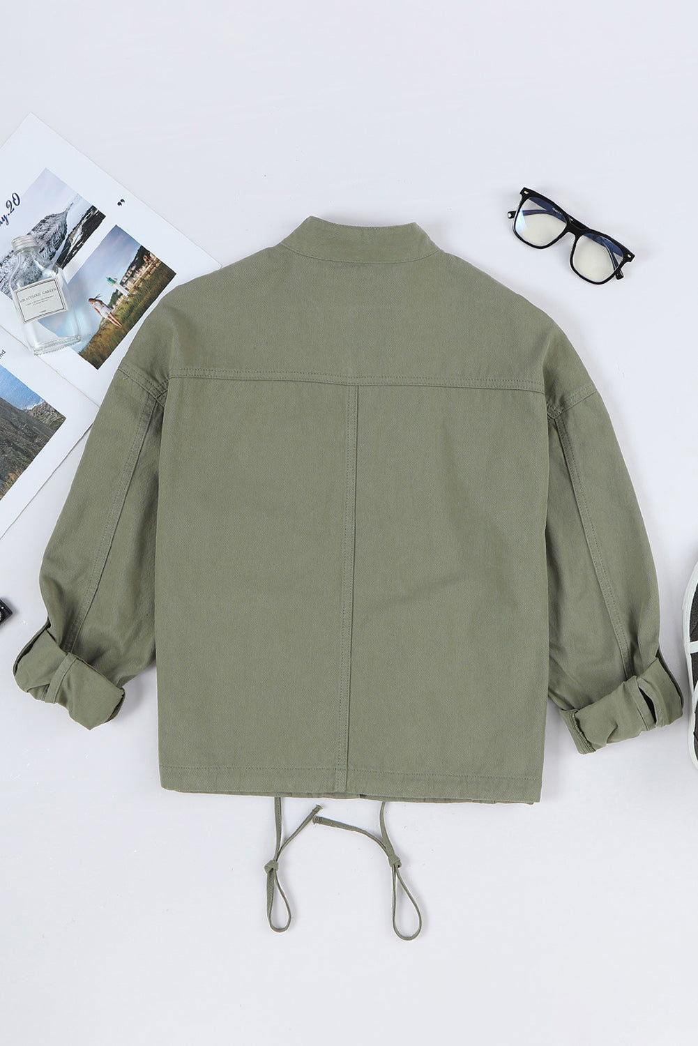 Drawstring Snap Down Dropped Shoulder Denim Jacket - Clothes For Her Online Store