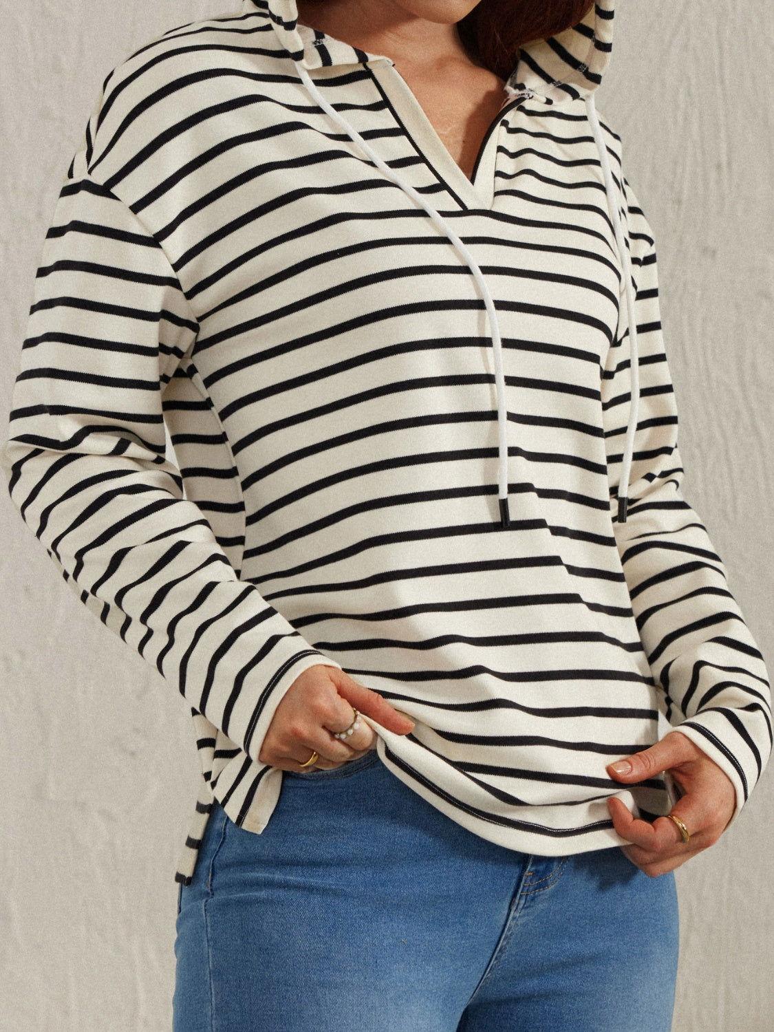 Drawstring Striped Long Sleeve Hoodie - Clothes For Her Online Store