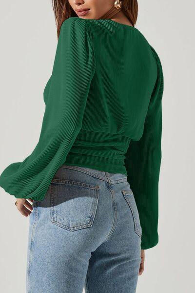 Drawstring V-Neck Long Sleeve Blouse - Clothes For Her Online Store