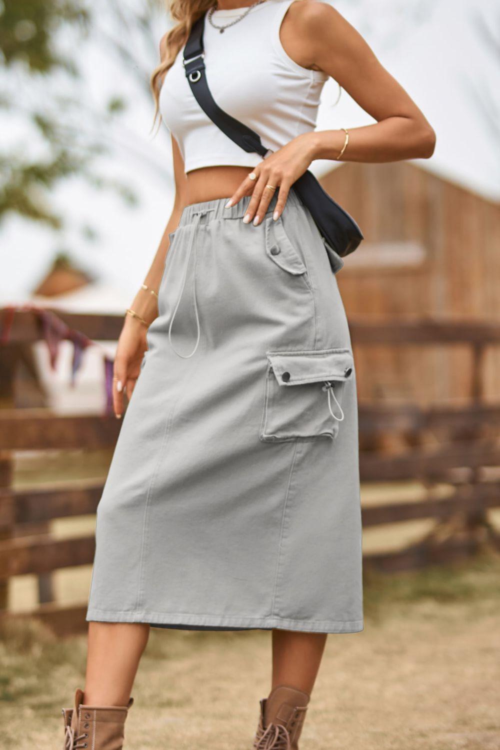Drawstring Waist Slit Denim Skirt - Clothes For Her Online Store