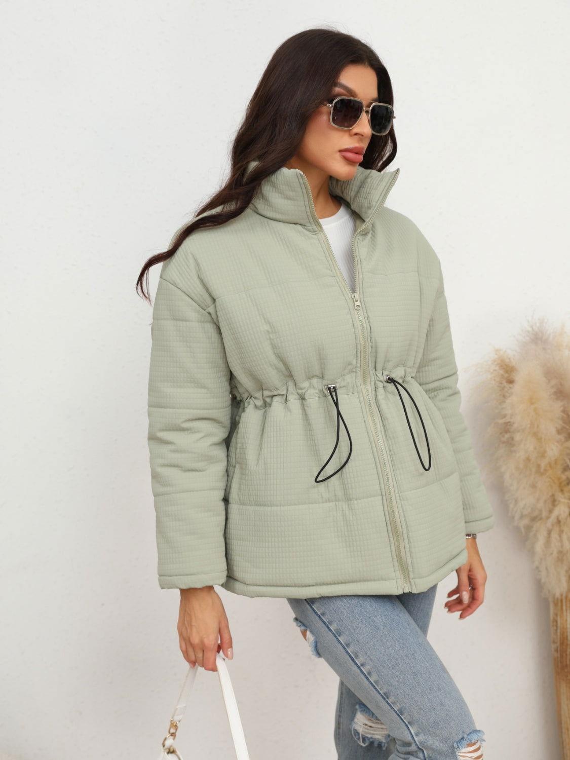 Drawstring Waist Zip-Up Puffer Jacket - Clothes For Her Online Store