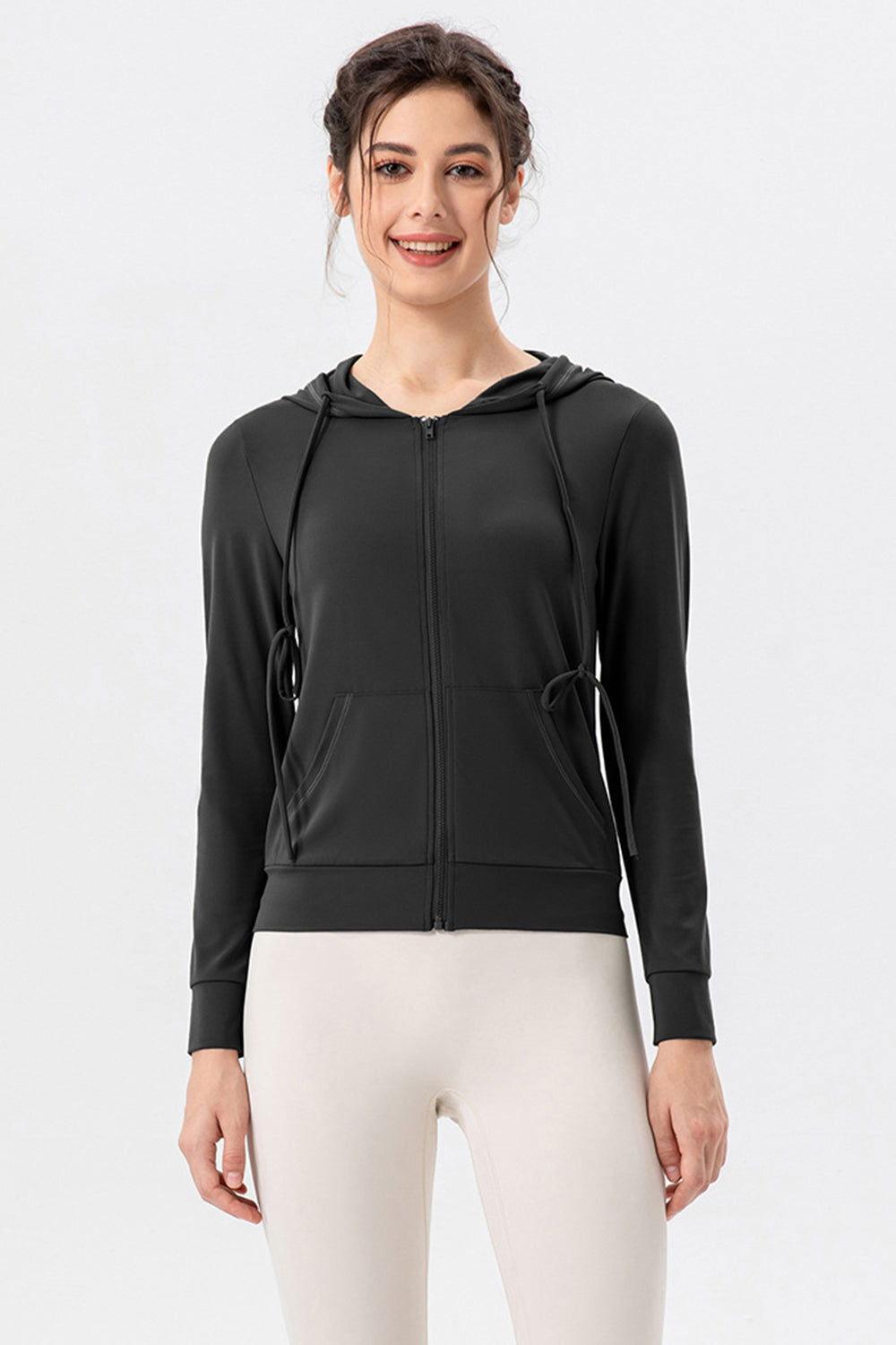 Drawstring Zip Up Hooded Active Outerwear - Clothes For Her Online Store