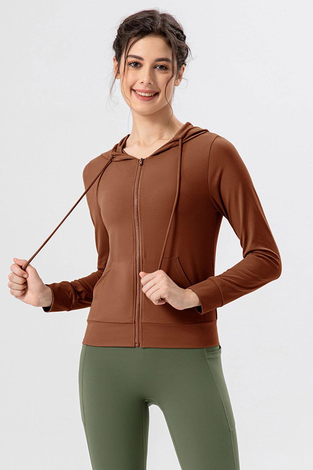 Drawstring Zip Up Hooded Active Outerwear - Clothes For Her Online Store