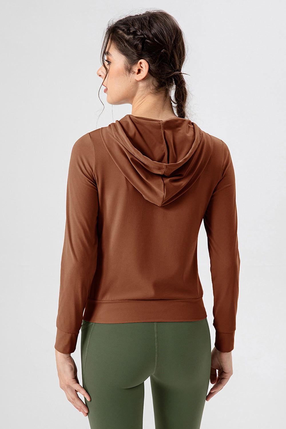 Drawstring Zip Up Hooded Active Outerwear - Clothes For Her Online Store