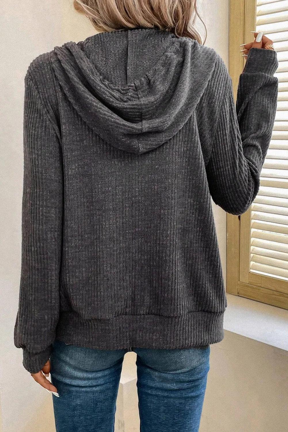 Drawstring Zip Up Long Sleeve Hooded Jacket - Clothes For Her Online Store