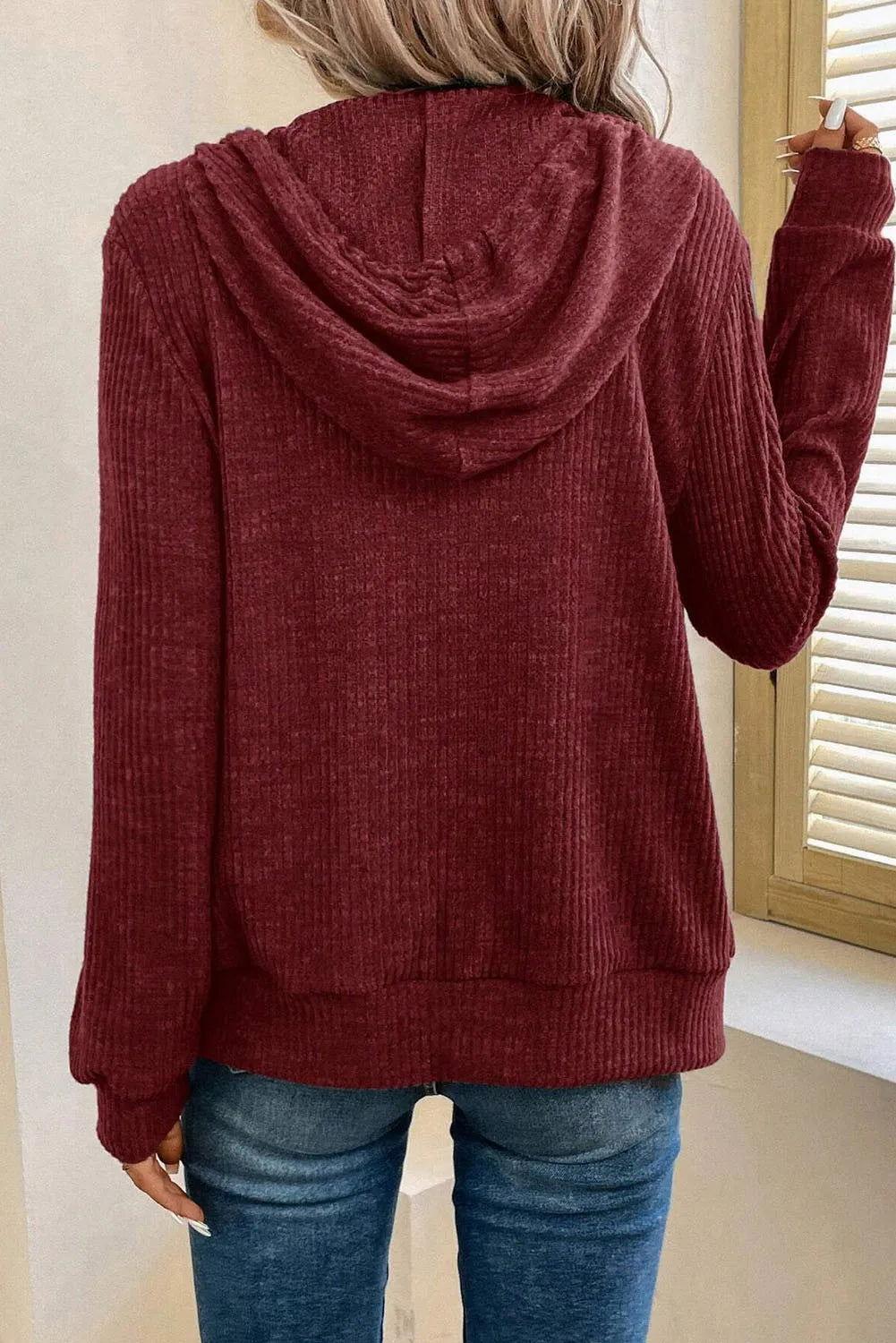 Drawstring Zip Up Long Sleeve Hooded Jacket - Clothes For Her Online Store
