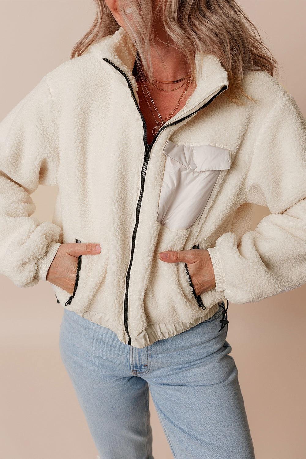Drawstring Zip Up Sherpa Jacket with Removable Hood - Clothes For Her Online Store
