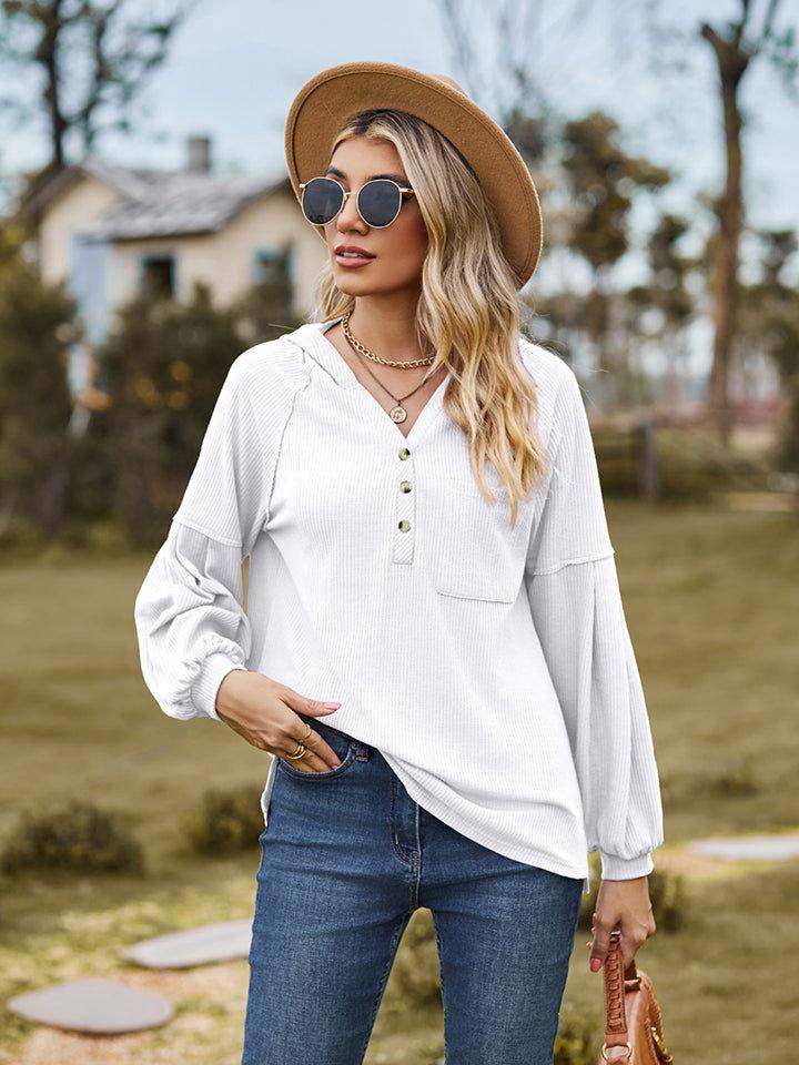 Dropped Shoulder Button-Down Hoodie - Clothes For Her Online Store