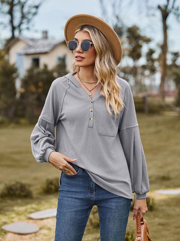 Dropped Shoulder Button-Down Hoodie - Clothes For Her Online Store