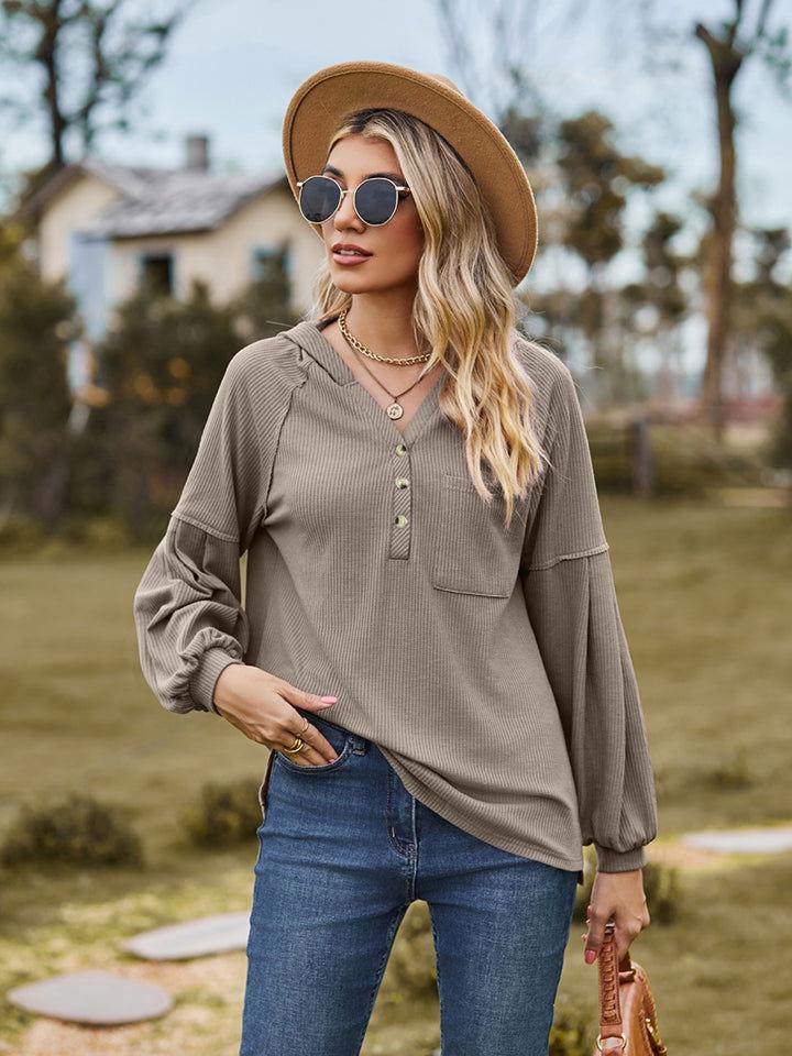 Dropped Shoulder Button-Down Hoodie - Clothes For Her Online Store