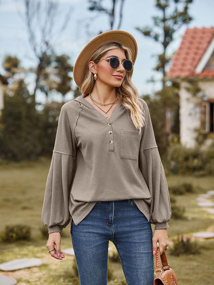 Dropped Shoulder Button-Down Hoodie - Clothes For Her Online Store