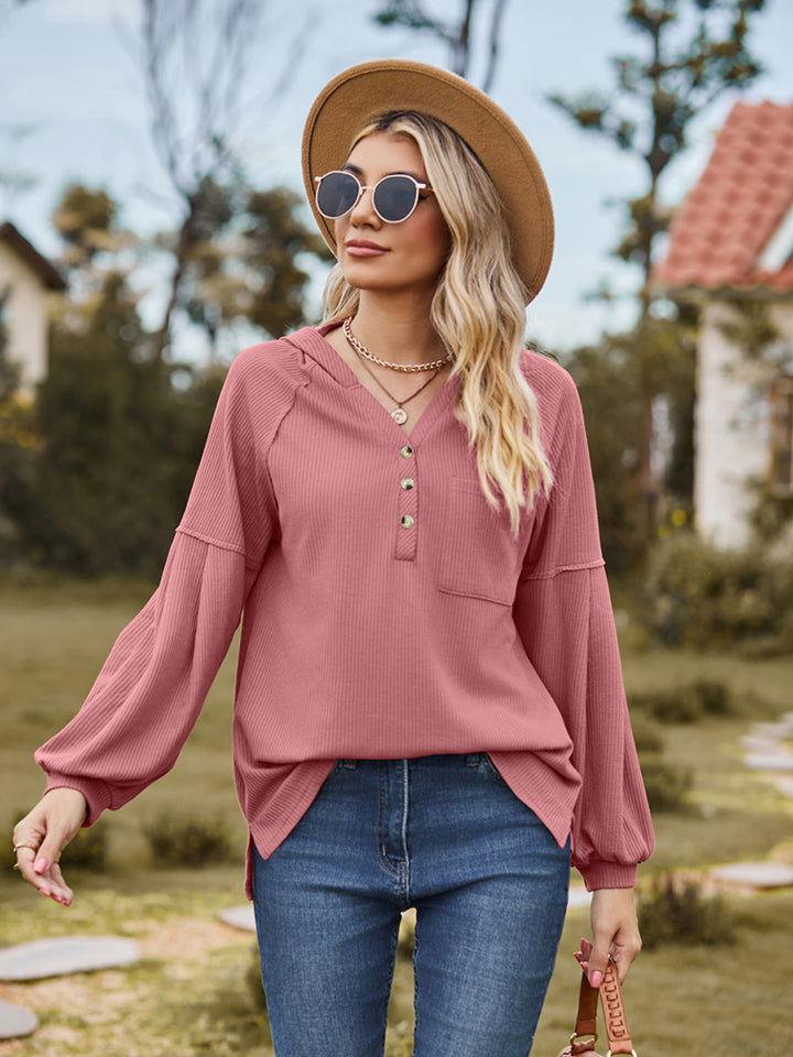 Dropped Shoulder Button-Down Hoodie - Clothes For Her Online Store