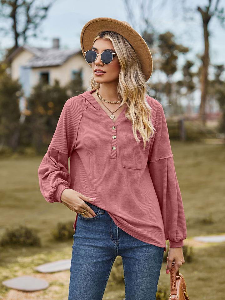 Dropped Shoulder Button-Down Hoodie - Clothes For Her Online Store