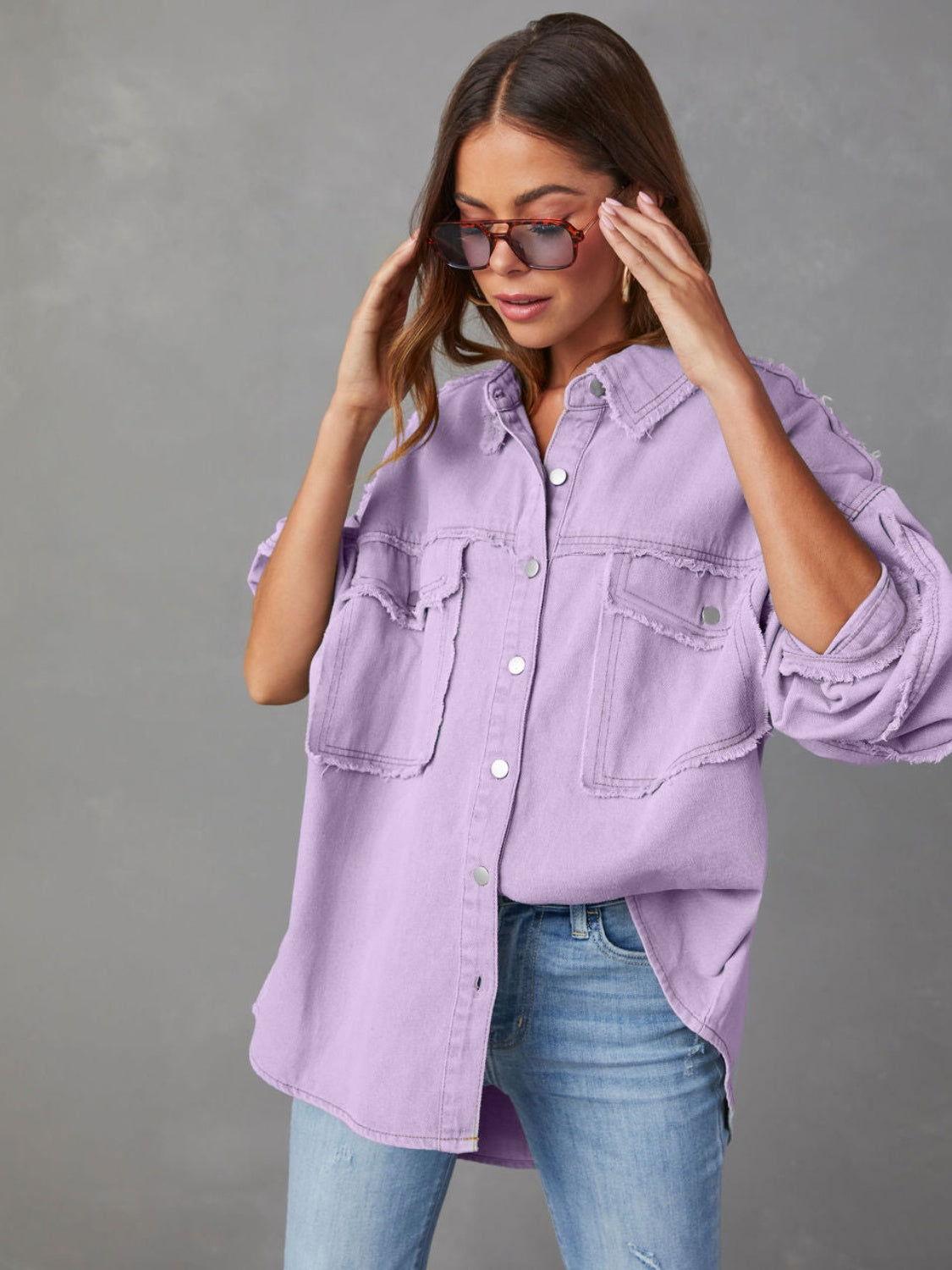 Dropped Shoulder Raw Hem Jacket - Clothes For Her Online Store