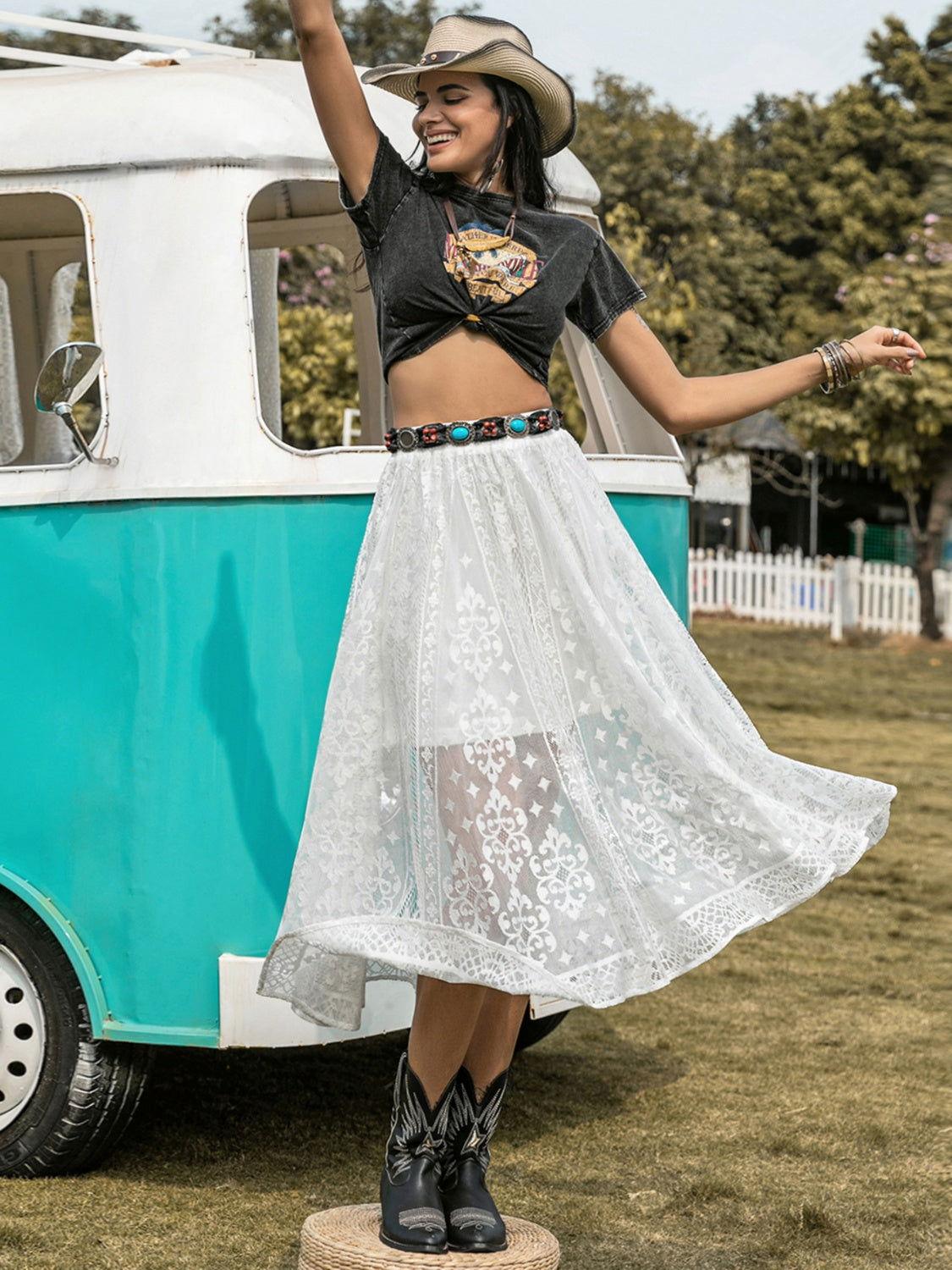 Embroidered Elastic Waist Skirt - Clothes For Her Online Store