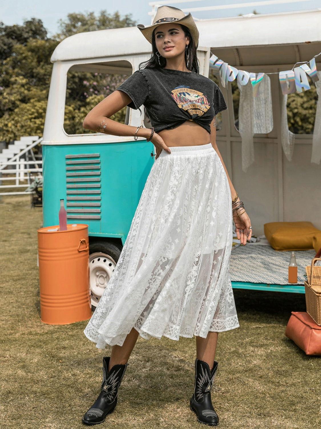 Embroidered Elastic Waist Skirt - Clothes For Her Online Store