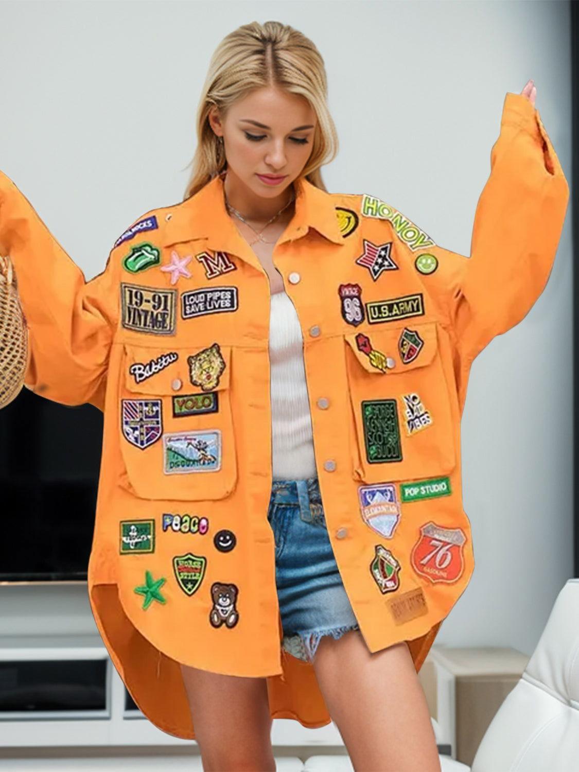 Embroidered Patch Button Up Long Sleeve Denim Jacket - Clothes For Her Online Store