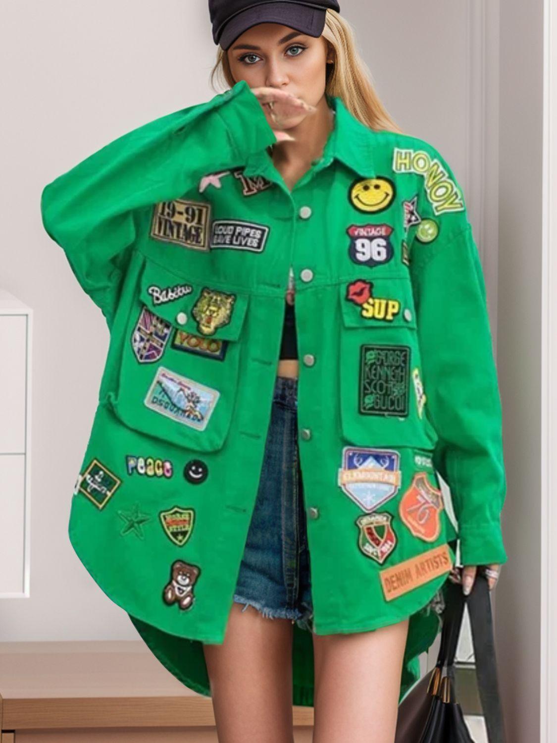 Embroidered Patch Button Up Long Sleeve Denim Jacket - Clothes For Her Online Store