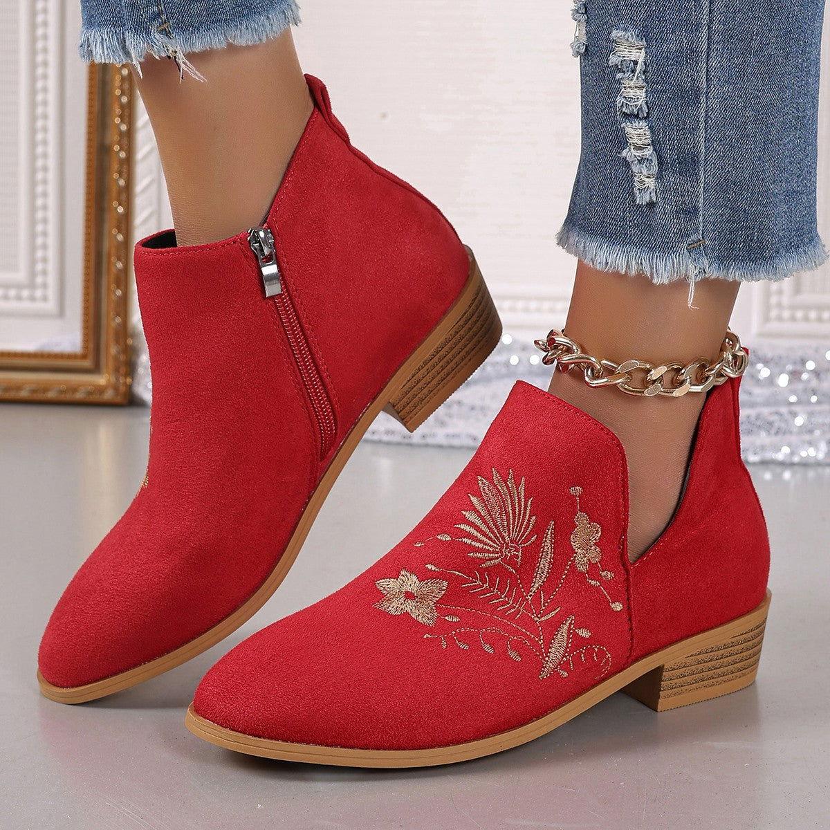Embroidered Suede Point Toe Block Heel Boots - Clothes For Her Online Store