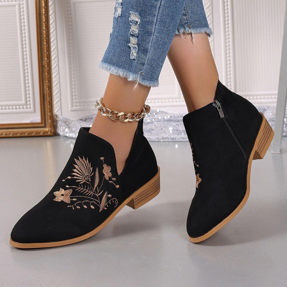 Embroidered Suede Point Toe Block Heel Boots - Clothes For Her Online Store