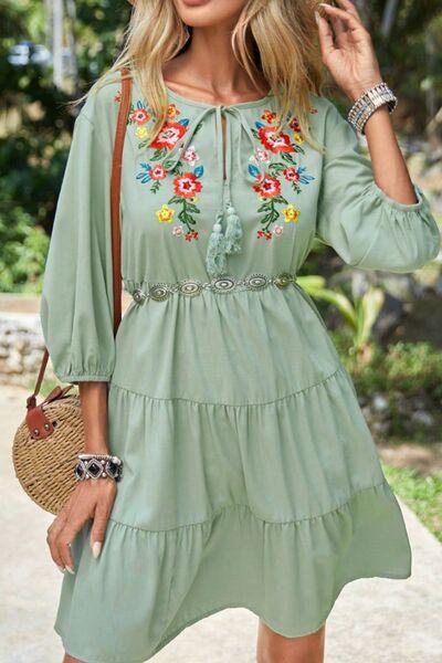 Embroidered Tie Neck Three-Quarter Sleeve Mini Dress - Clothes For Her Online Store