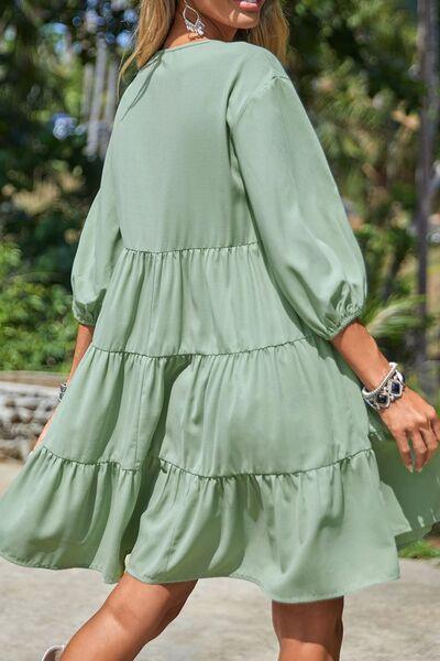 Embroidered Tie Neck Three-Quarter Sleeve Mini Dress - Clothes For Her Online Store