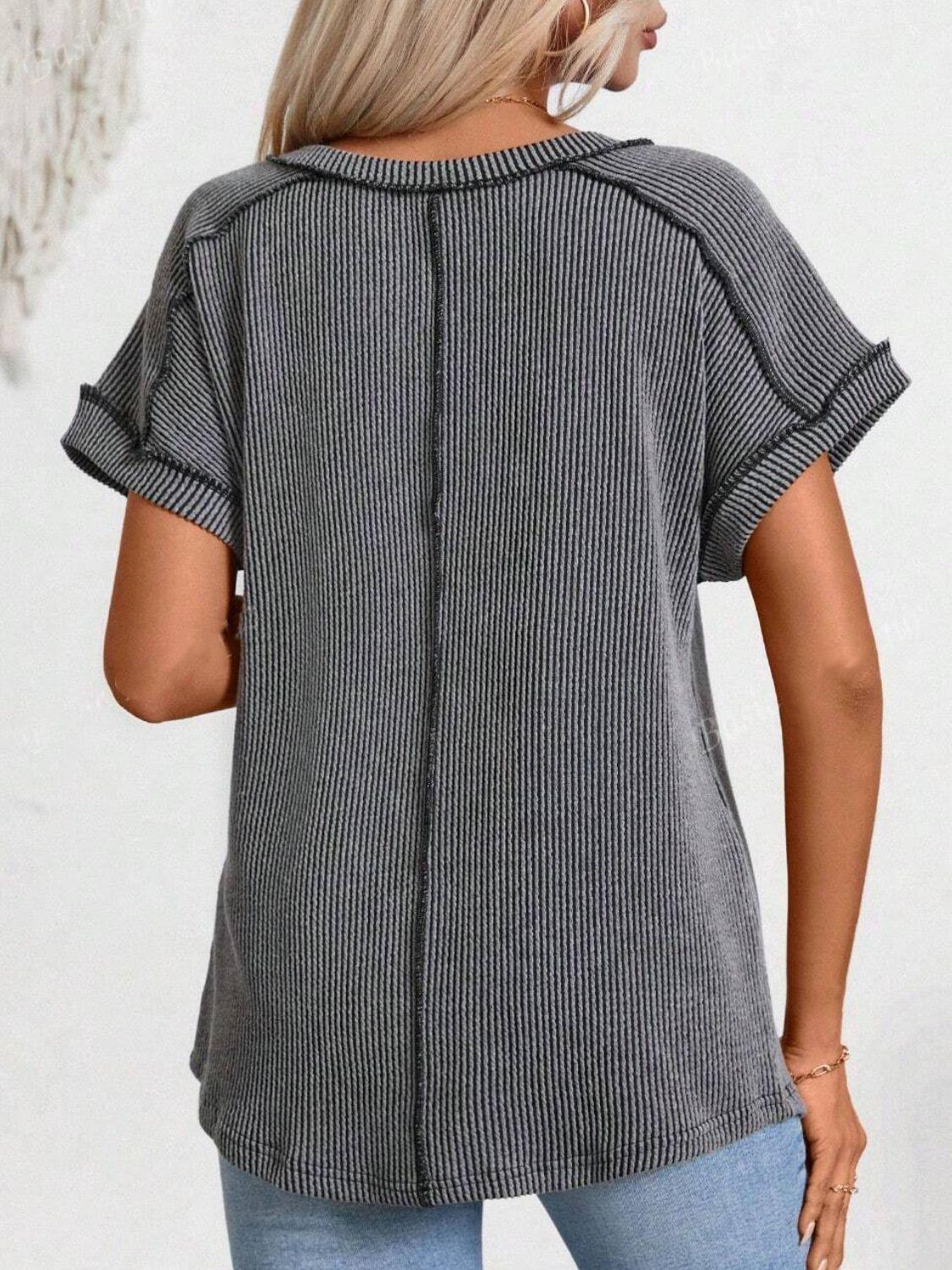 Exposed Seam V-Neck Short Sleeve Top - Clothes For Her Online Store