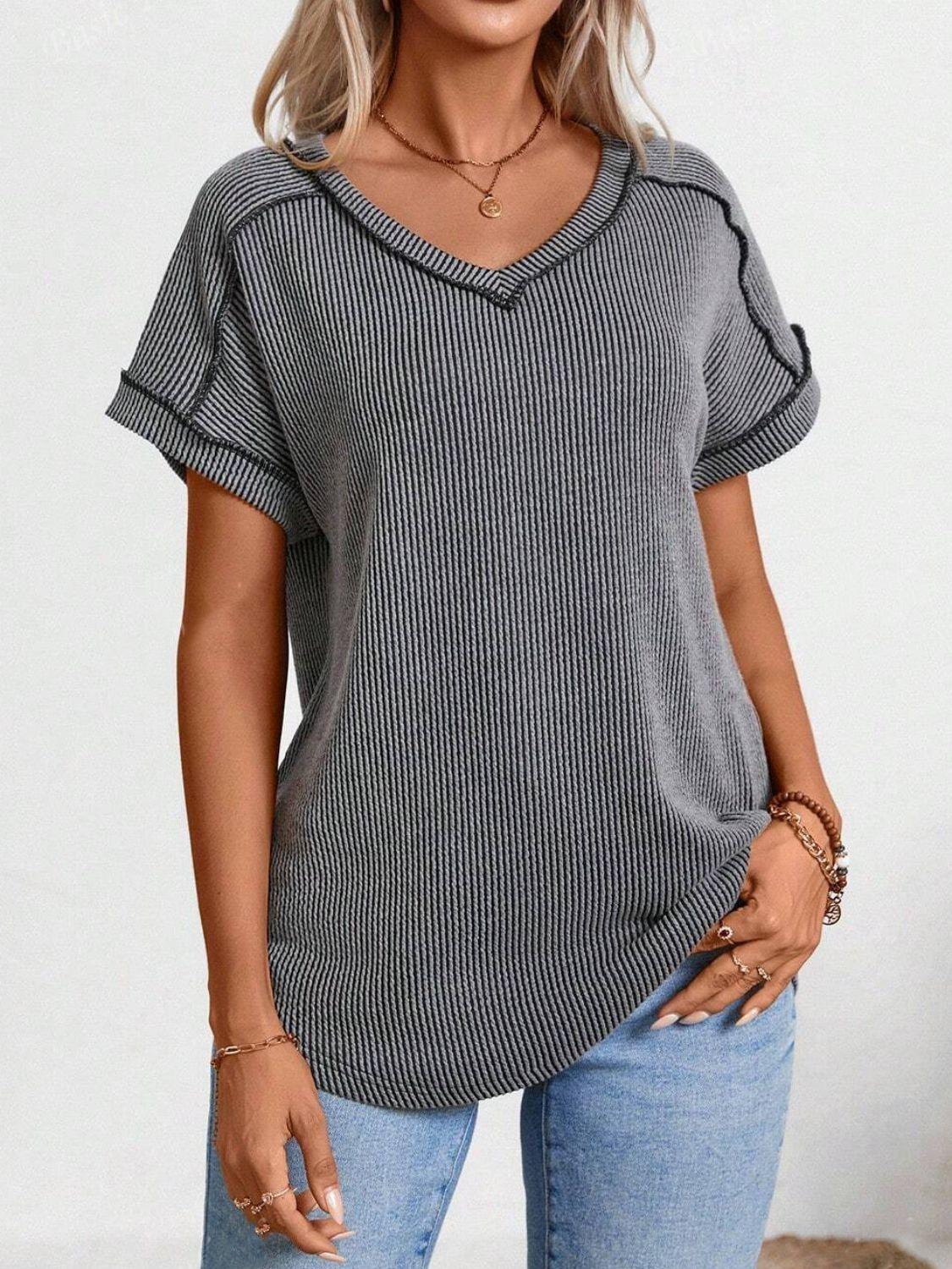 Exposed Seam V-Neck Short Sleeve Top - Clothes For Her Online Store