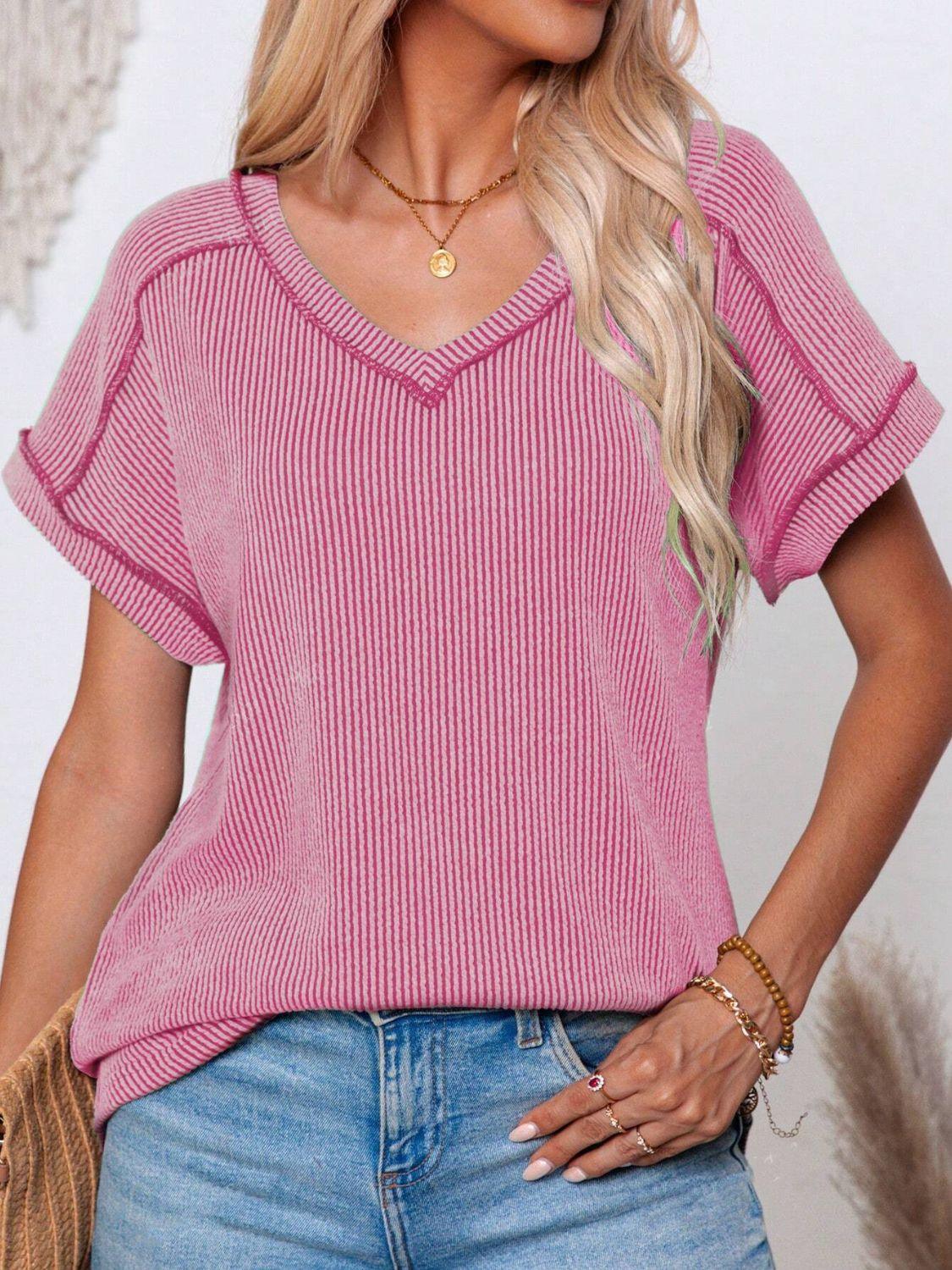 Exposed Seam V-Neck Short Sleeve Top - Clothes For Her Online Store