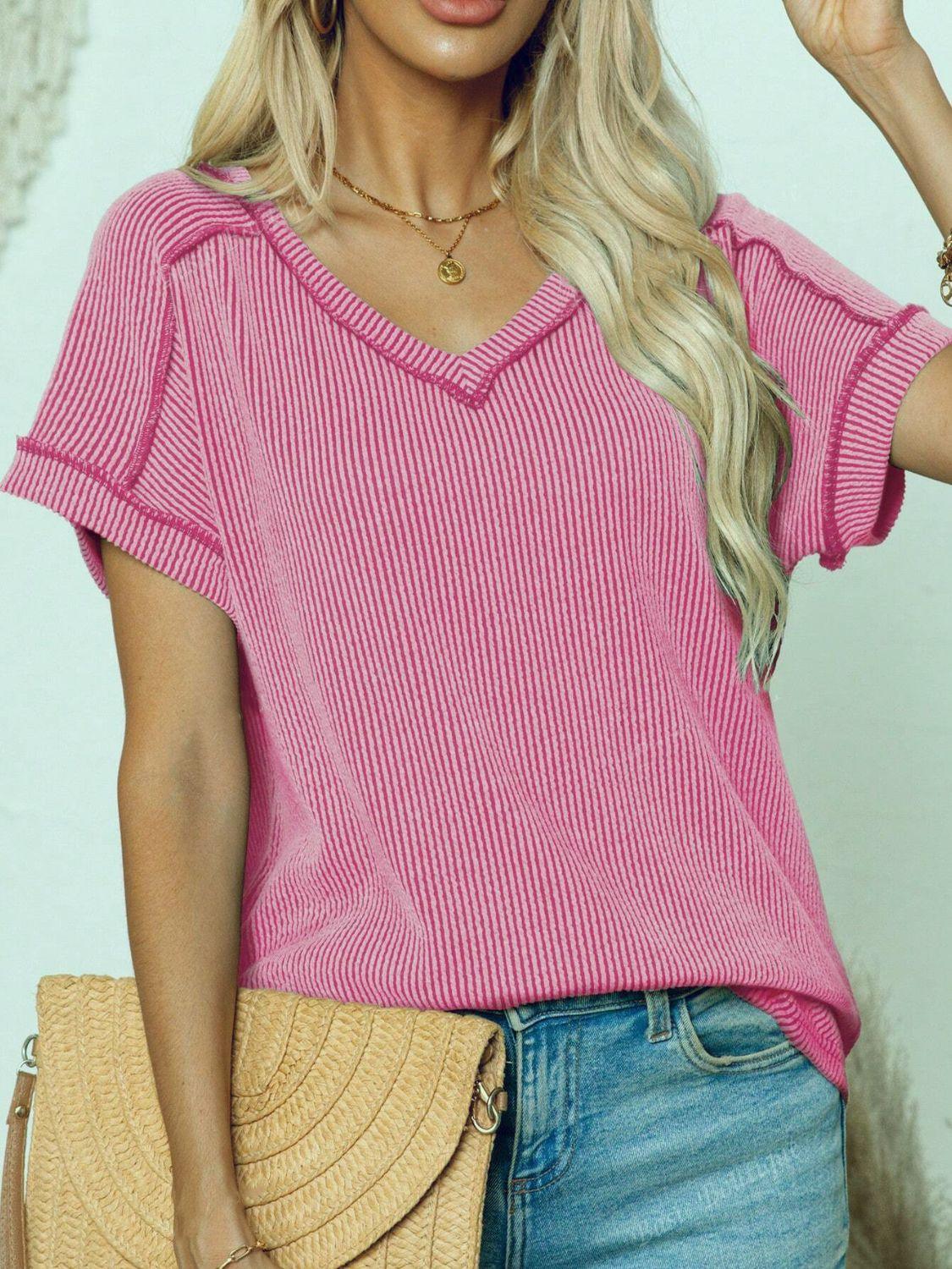 Exposed Seam V-Neck Short Sleeve Top - Clothes For Her Online Store