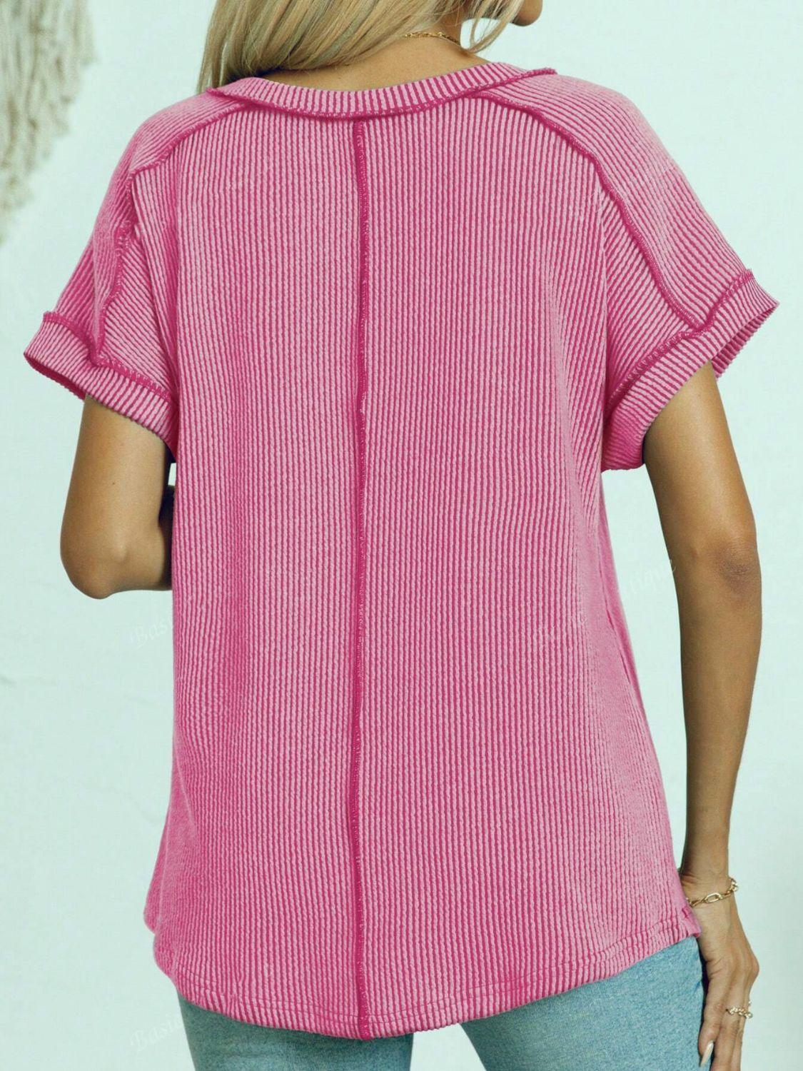Exposed Seam V-Neck Short Sleeve Top - Clothes For Her Online Store