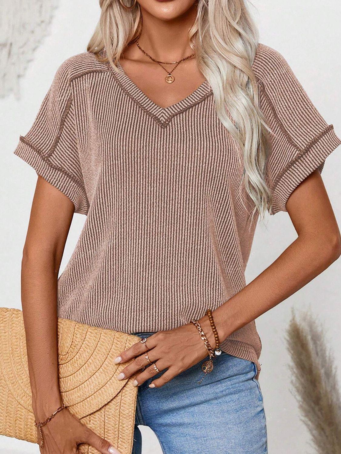 Exposed Seam V-Neck Short Sleeve Top - Clothes For Her Online Store