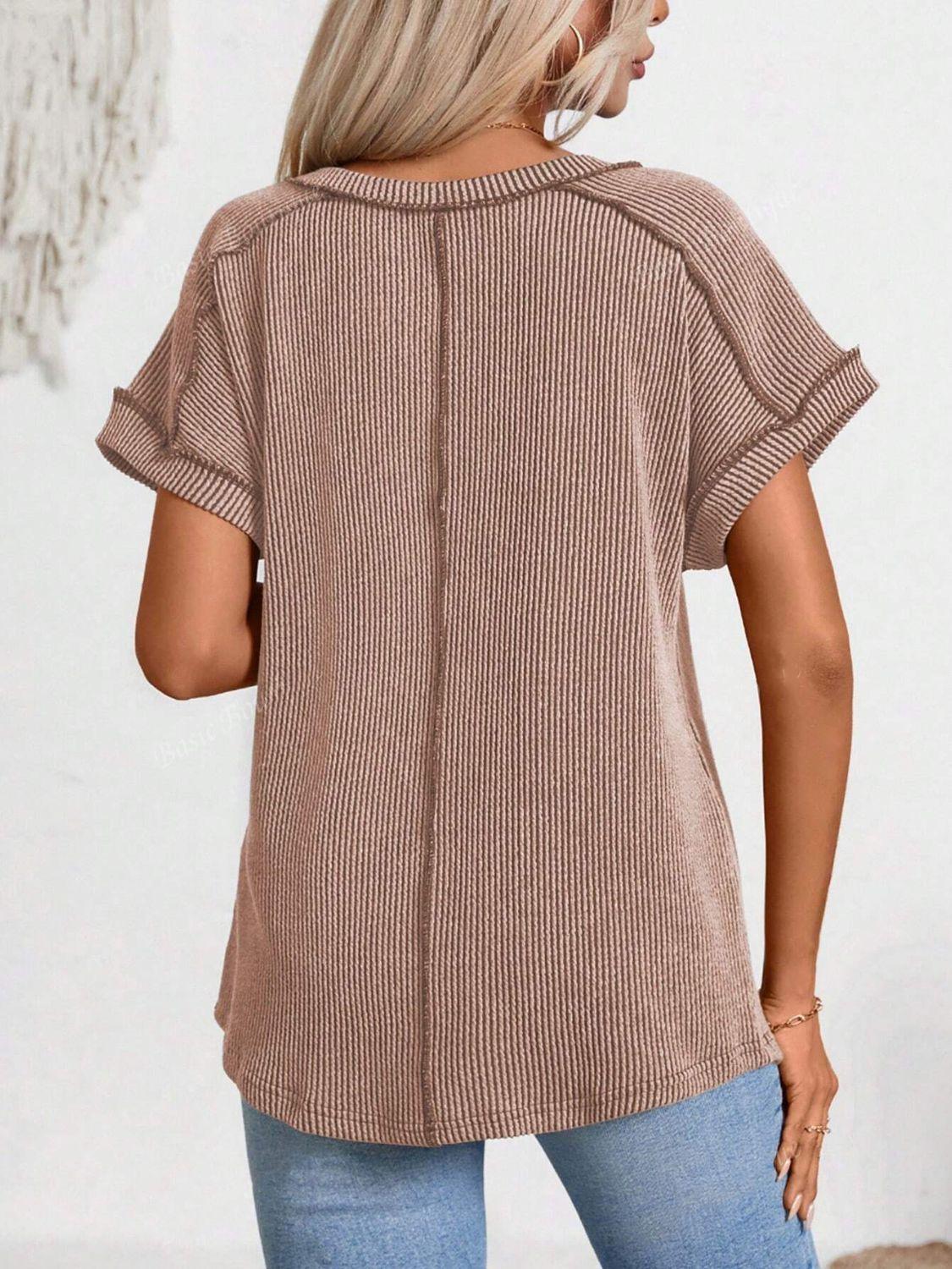 Exposed Seam V-Neck Short Sleeve Top - Clothes For Her Online Store