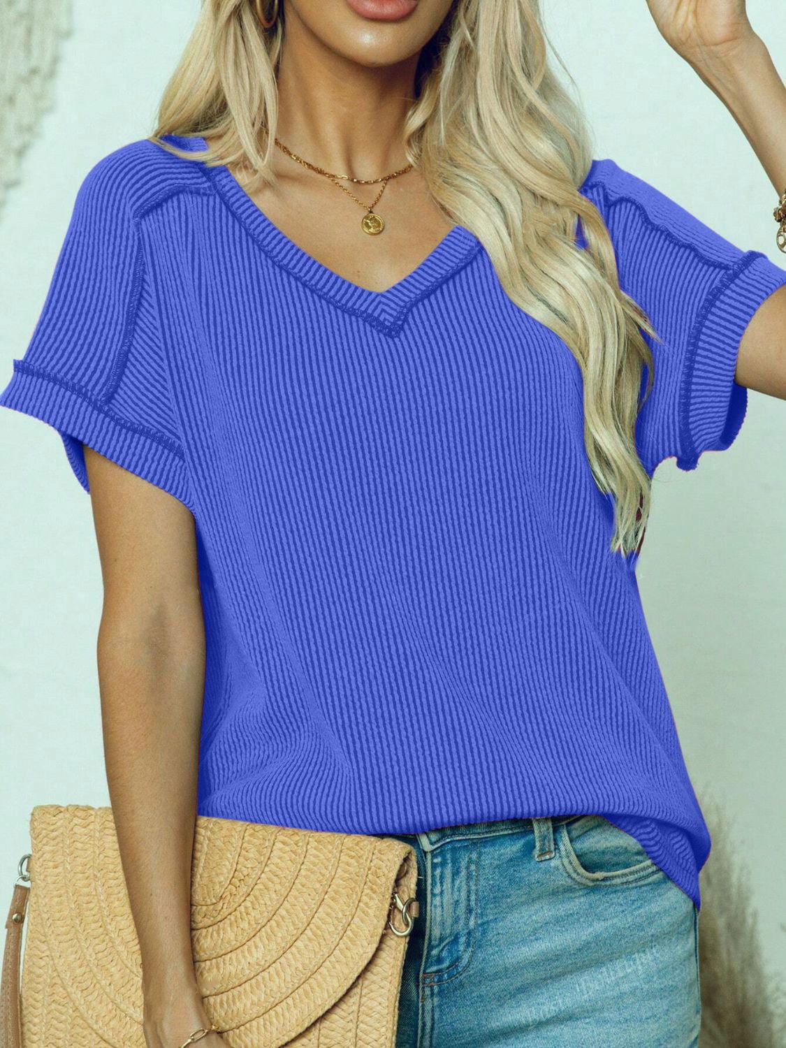 Exposed Seam V-Neck Short Sleeve Top - Clothes For Her Online Store