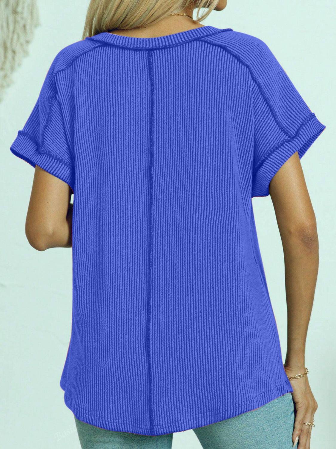 Exposed Seam V-Neck Short Sleeve Top - Clothes For Her Online Store