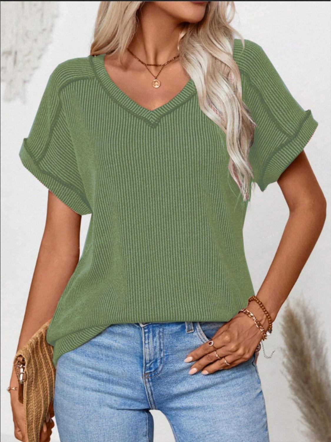 Exposed Seam V-Neck Short Sleeve Top - Clothes For Her Online Store
